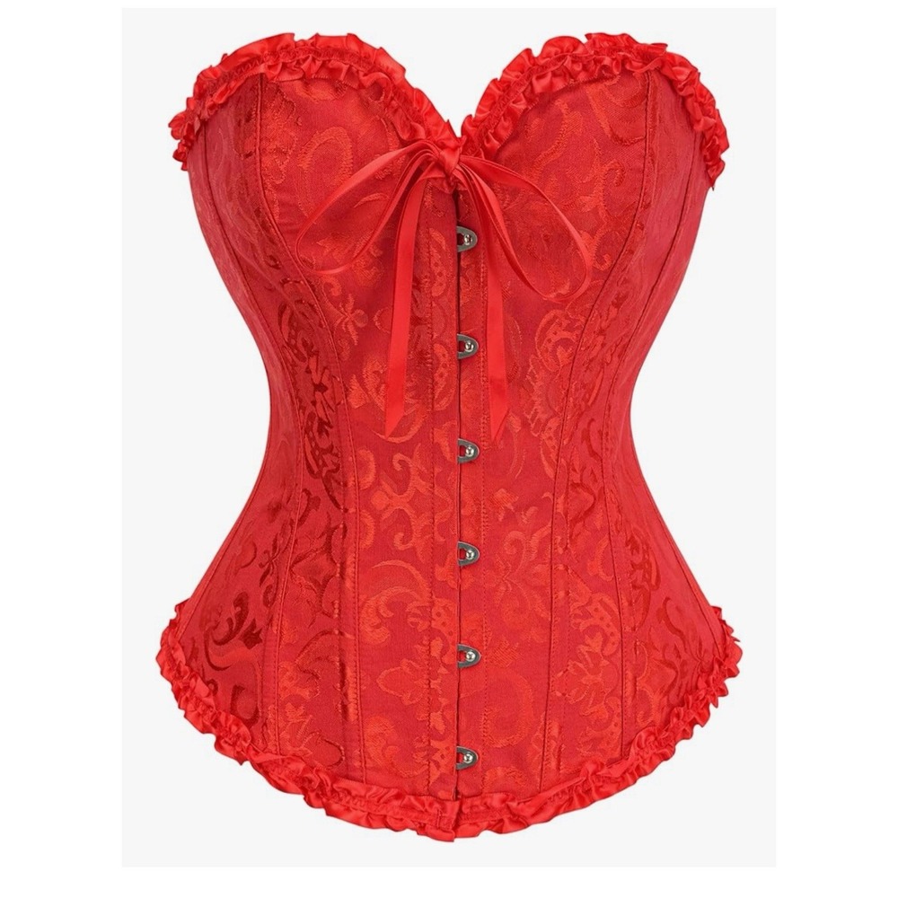 Red Floral Jacquard Overbust Corset Top Ruffle Trim Lace Up Bustier Size‎ XS NEW